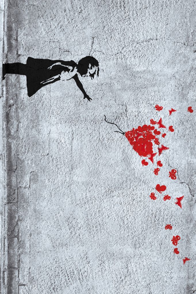 Mädchen Kunstdruck Bild - Mädchen Mit Luftballon Und Schmetterlingen, Banksy-Style (120 x 180 cm)