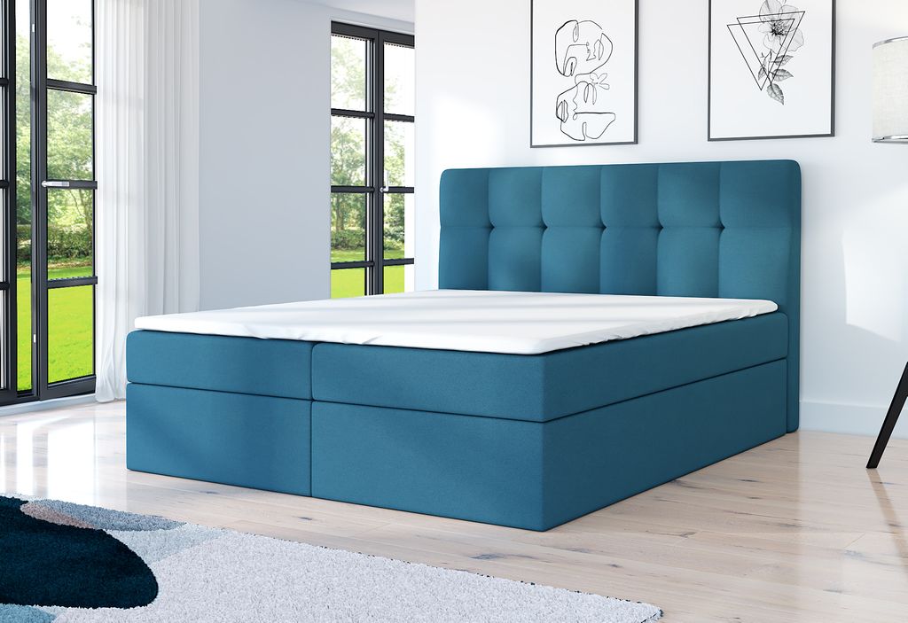 Boxspringbett ARNOR 180 x 200 mit 2 Bettkästen, Bonell-Matratze und Topper. Farbe: Blau
