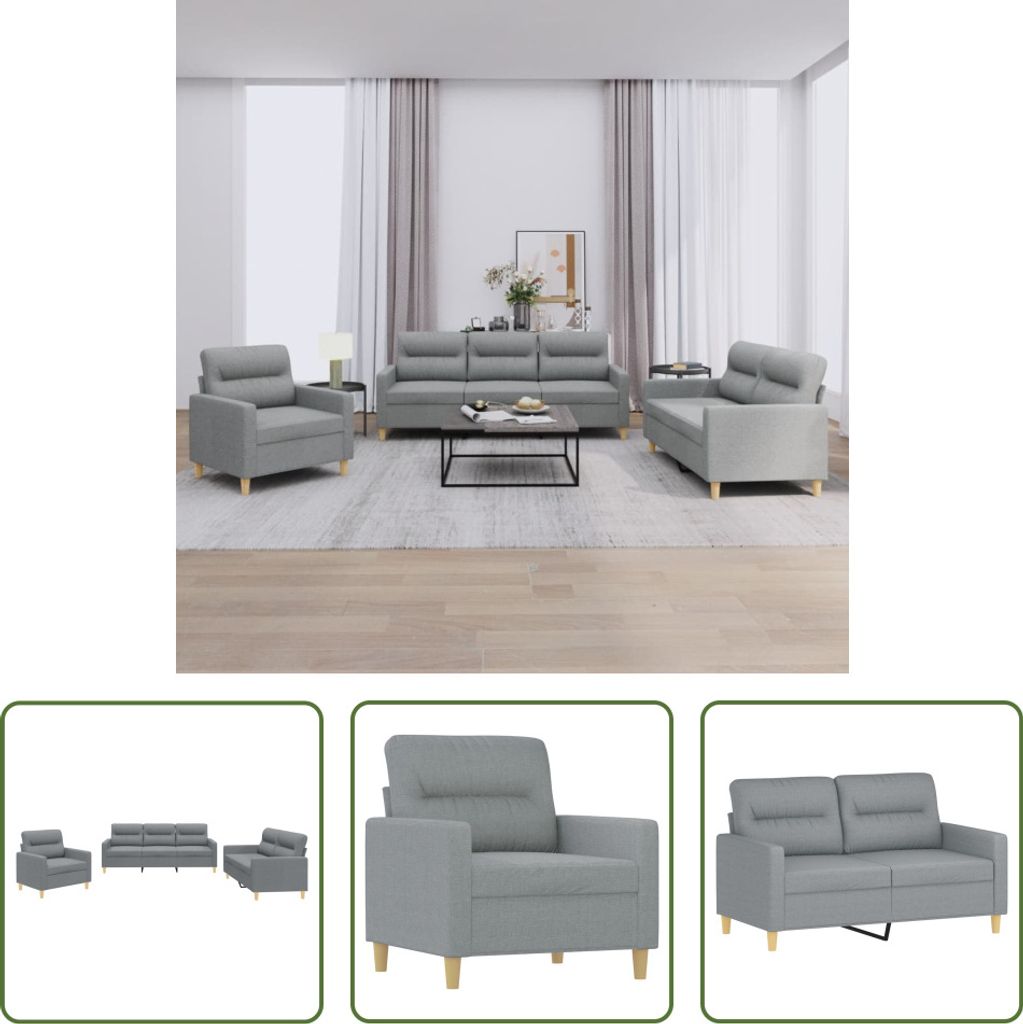 The Living Store 3-tlg. Sofagarnitur mit Kissen Hellgrau Stoff