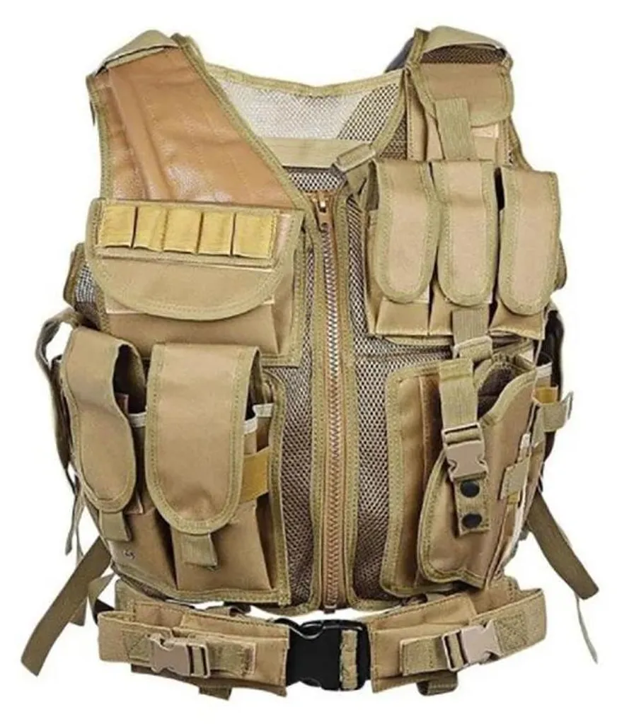 Gilet tactique pour airsoft et chasse kaki ajustable multi-poches