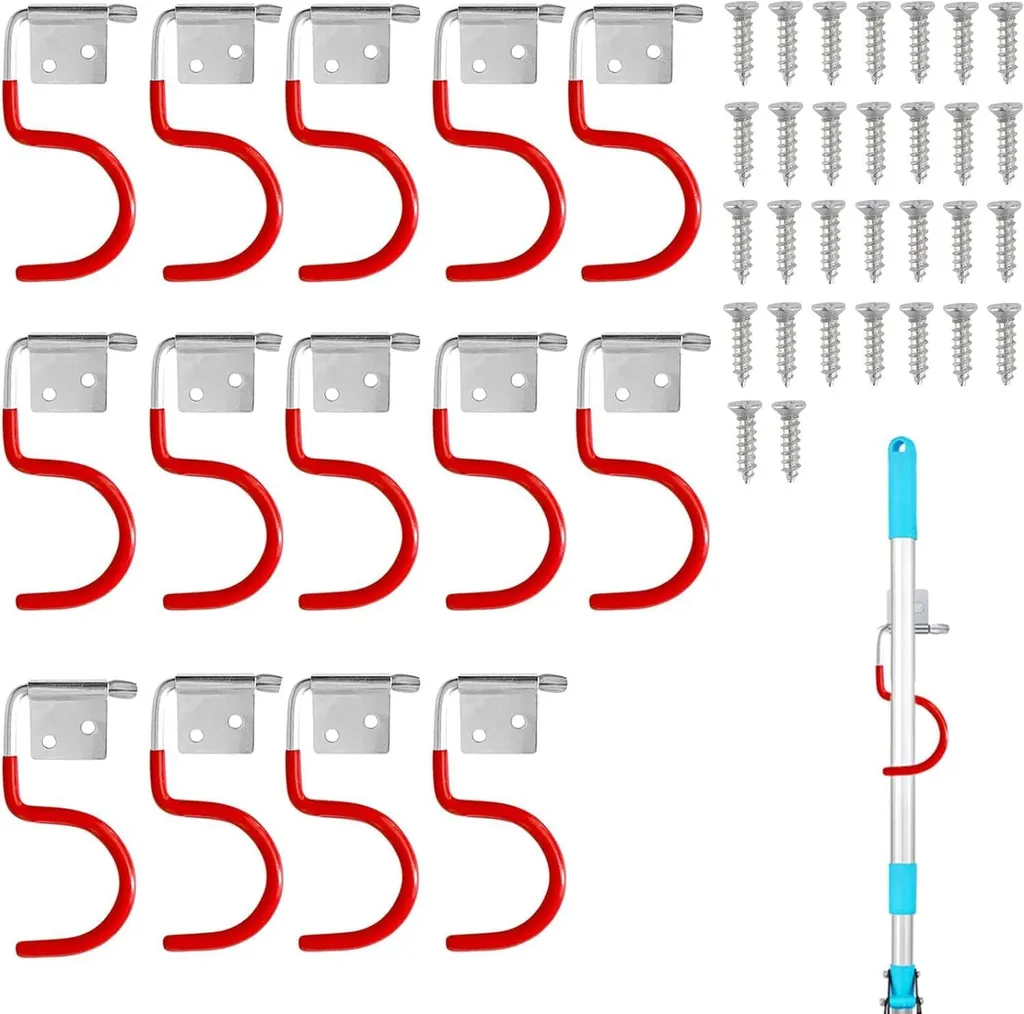 Support outils de jardin 15 pièces avec revêtement rouge et 30 vis