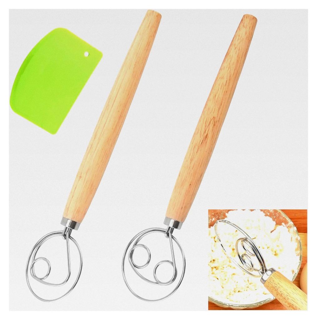 2 Stück Dänische Teigbesen, Brotteigmischer, 13 Zoll Teig Schneebesen mit Mehlschaber für Küche, Brot, Teig, Kuchen, Gebäck