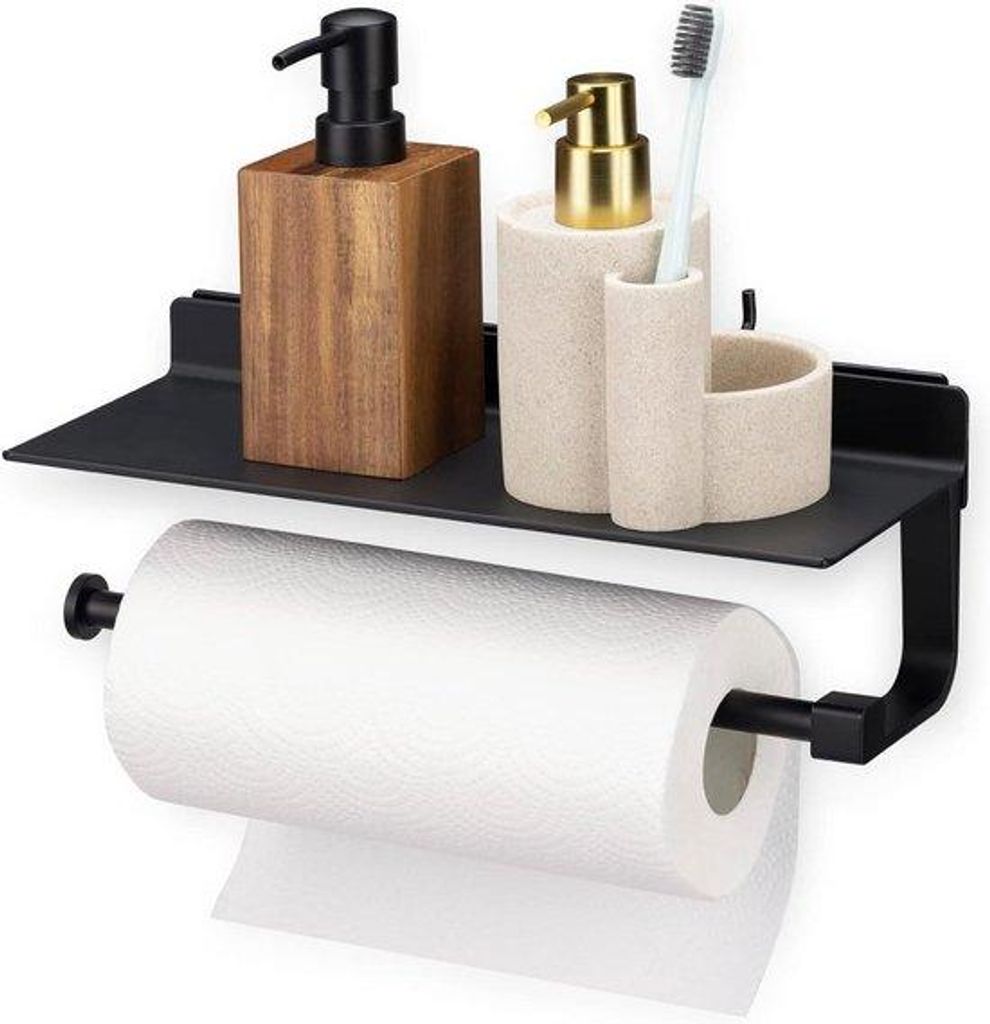 Küchenrolhalter 2-in-1 Holz für Küchenrolle - Wandhalterung mit Haken - Schwarz