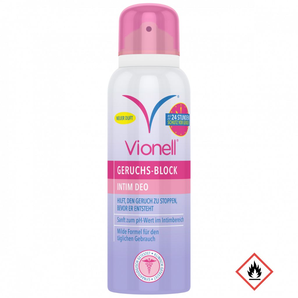 A product shot of Vionell Geruchs-Block Intim Deo spray can.
