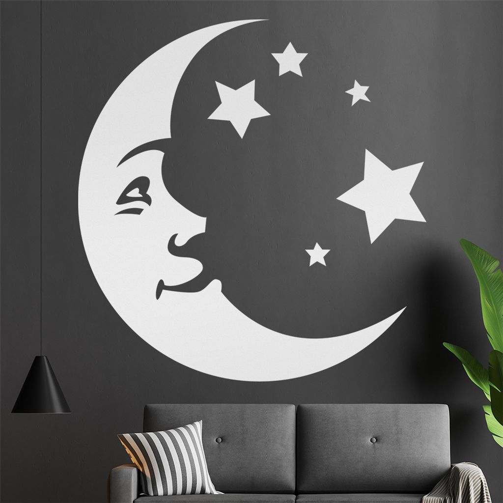 Mondgesicht und Sterne Wandtattoo in 6 Größen - Wandaufkleber Wall Sticker - Dekoration, Küche, Wohnzimmer, Schlafzimmer, Badezimmer