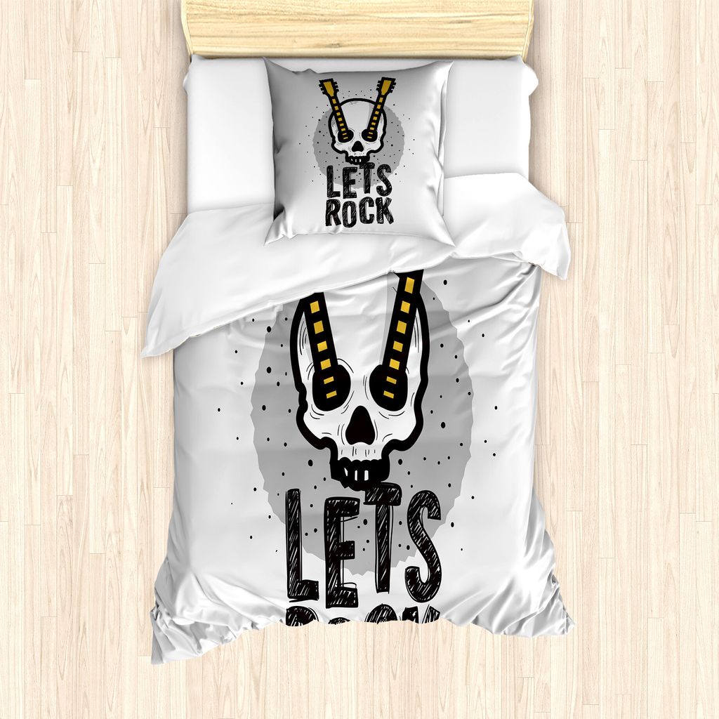 ABAKUHAUS Rock'n'Roll Bettbezug Set für Einzelbetten, Menschliche Schädel-Gitarre, Milbensicher Allergiker geeignet mit Kissenbezug, 135 cm x 200...