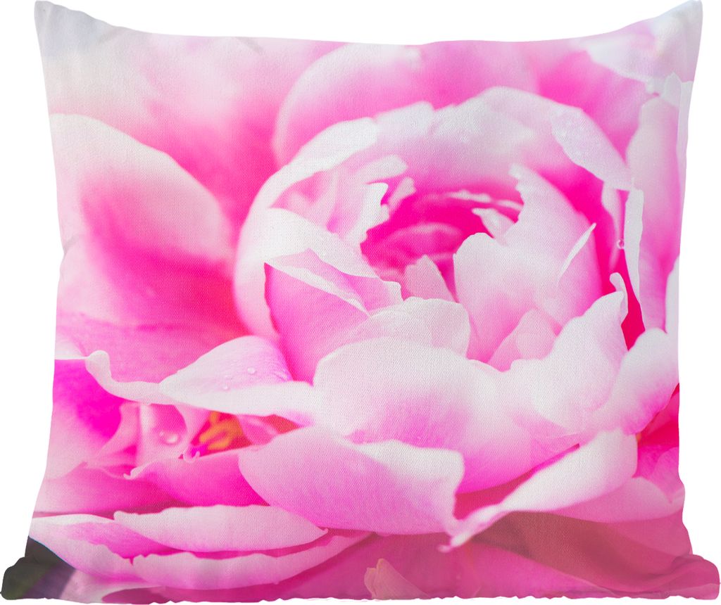 MuchoWow Zierkissen Sofakissen Wohnzimmer Dekokissen 50x50 cm Nahaufnahme einer rosa Pfingstrose mit Blättern - Komfort - Sofakissen