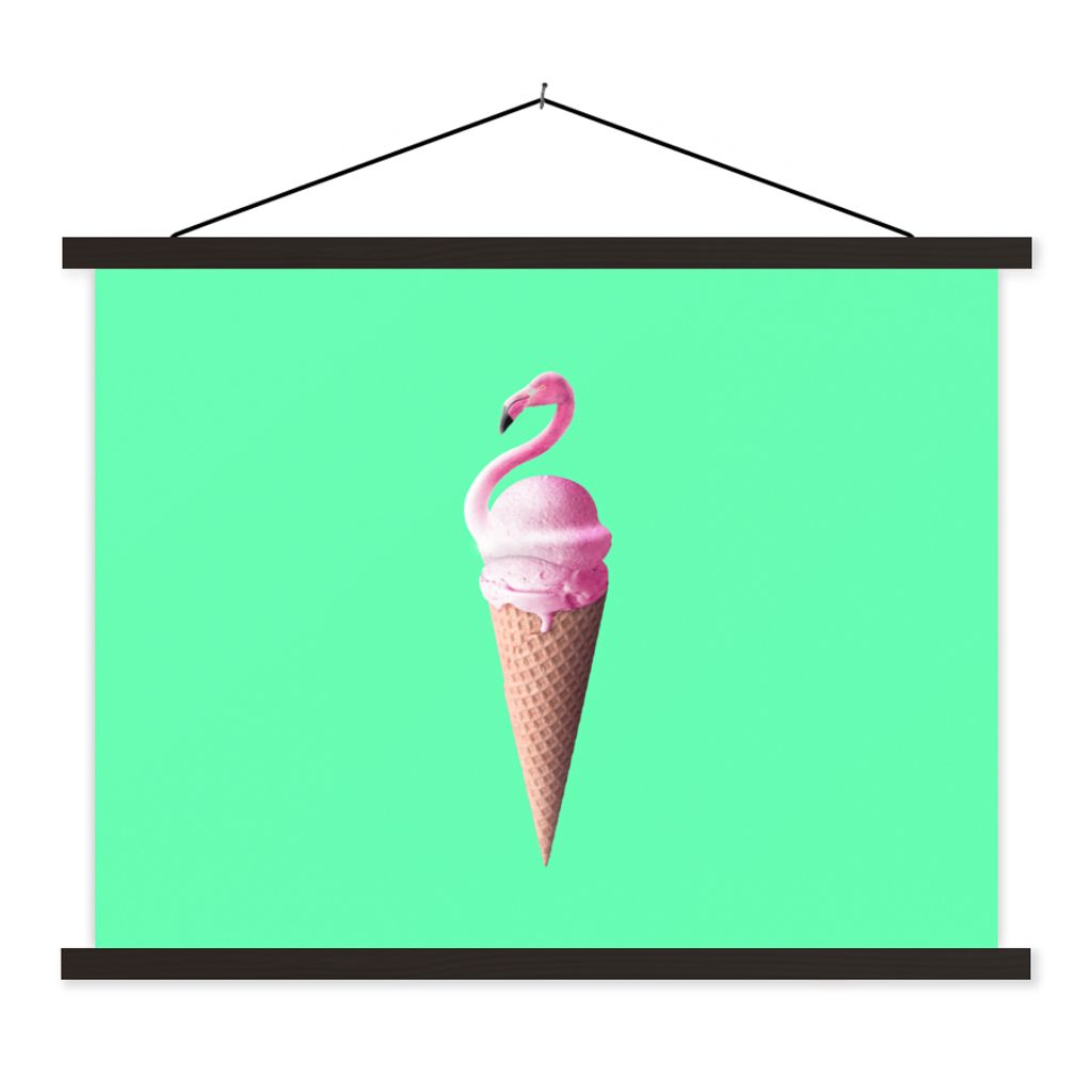 MuchoWow Textilposter Eistüten - Eiscreme - Flamingo - Rosa - Grün 60x45 cm mit schwarzem Rahmen - Poster Schlafzimmer