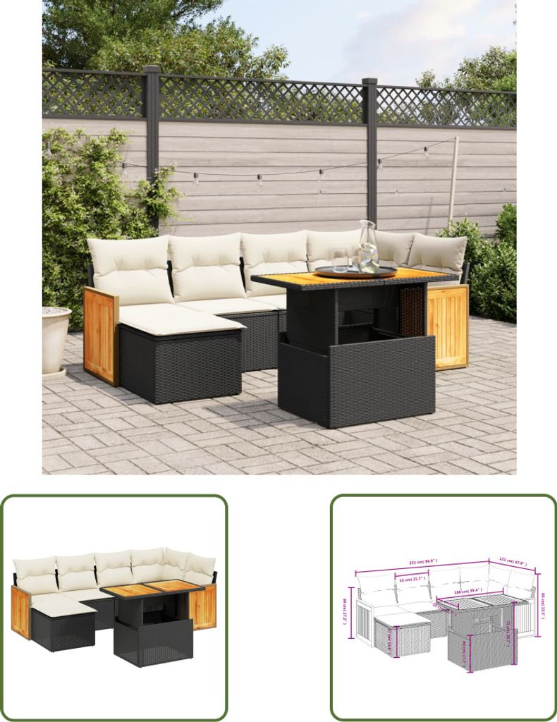 The Living Store 7-tlg. Garten-Sofagarnitur mit Kissen Schwarz Poly Rattan