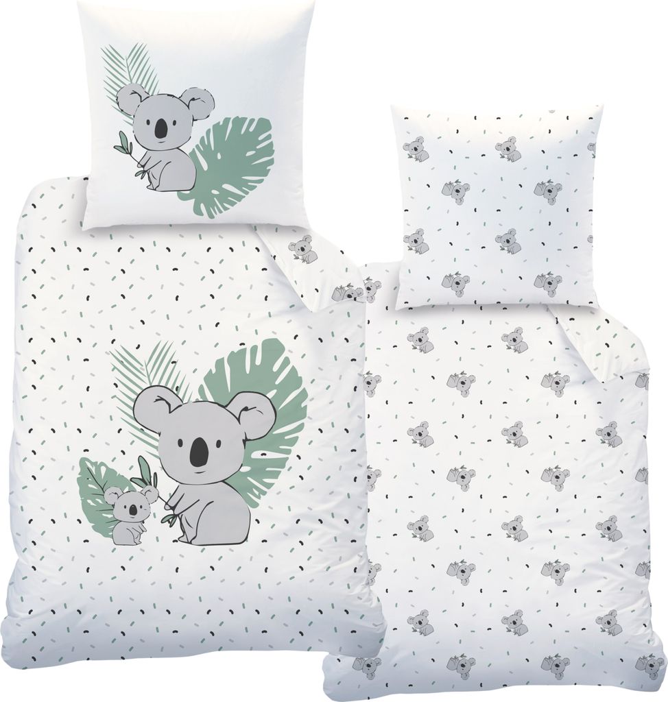 A set of bedding with a koala pattern.