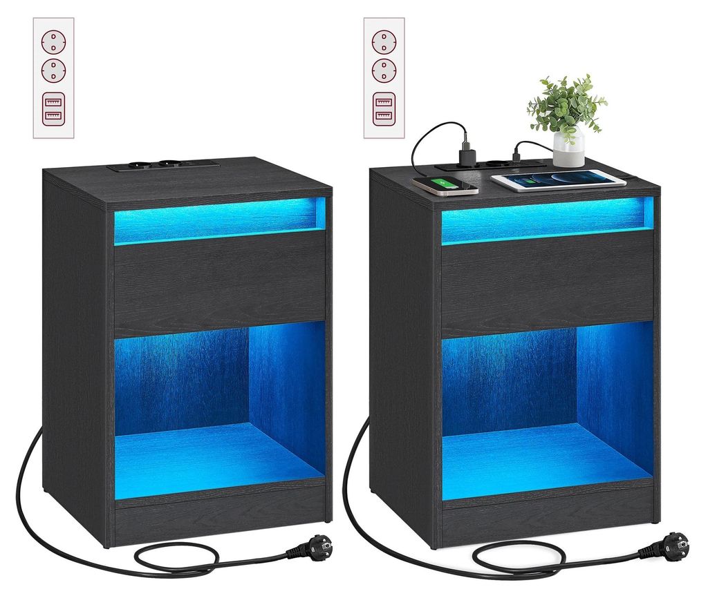 Nachttisch / Nachtkommode - 2er-Set - Verstellbare LED-Beleuchtung - Moderner Marokko-Stil - Esche-Nachbildung Schwarz