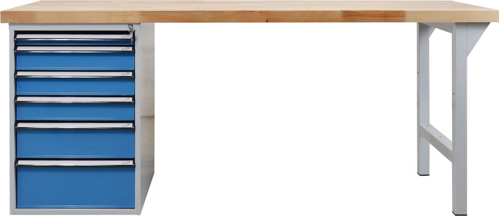 Werkbank Giant Rhino Plus mit 6 Schubladen | HxBxT 84x200x70cm | Traglast 500kg | Lichtgrau/Lichtblau