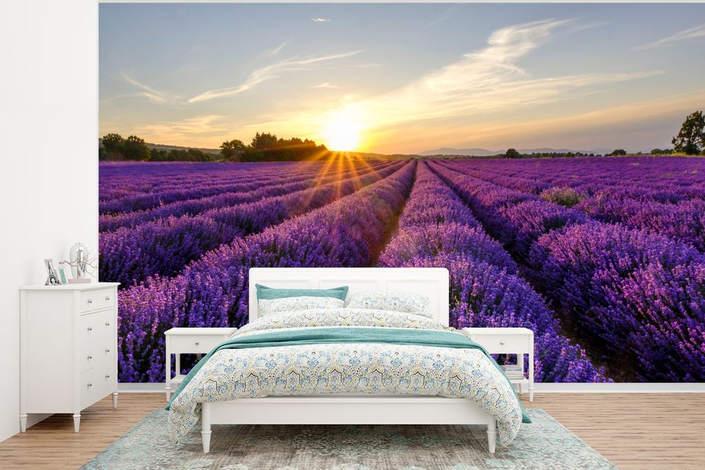 MuchoWow Fototapete für Wohnzimmer oder Schlafzimmer Wandtapete Vinyl Motivtapete Lavendel - Blumen - Sonnenuntergang - Lila - 295x220 cm - Wand...