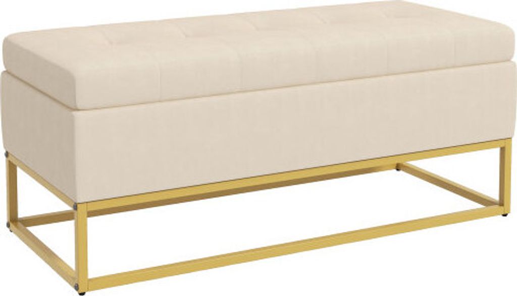 Sitzbank mit Stauraum Polsterbank mit Klappdeckel in Beige Samtoptik Bettbank mit Stahlbeinen 110x44x49 cm fuer Flur Wohnzimmer