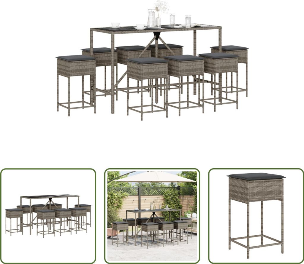 The Living Store 9-tlg. Gartenbar-Set mit Kissen Grau Poly Rattan