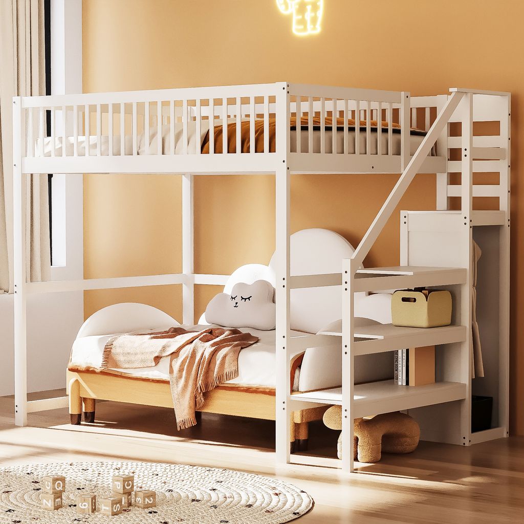 okwish Hochbett 140x200 mit Matratze, Kinderbett mit Treppe,Holzbett mit Aufbewahrungsregal und einfacher Kleiderschrank, Weiß