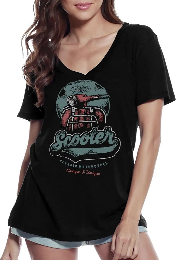 Damen Grafik T-Shirt V-Ausschnitt Antiker und einzigartiger Motorroller – Antique And Unique Scooter – Öko-Verantwortlich Vintage Jahrgang Kur...