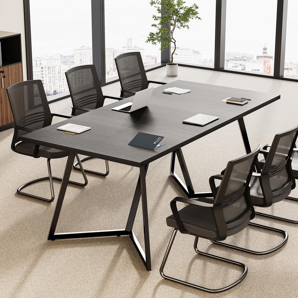 LITTLE TREE Schreibtisch, 180 cm schwarzer Konferenztisch mit Metallgestell, moderner Tisch für Sitzungssäle, Besprechungsräume und Konferenzräume