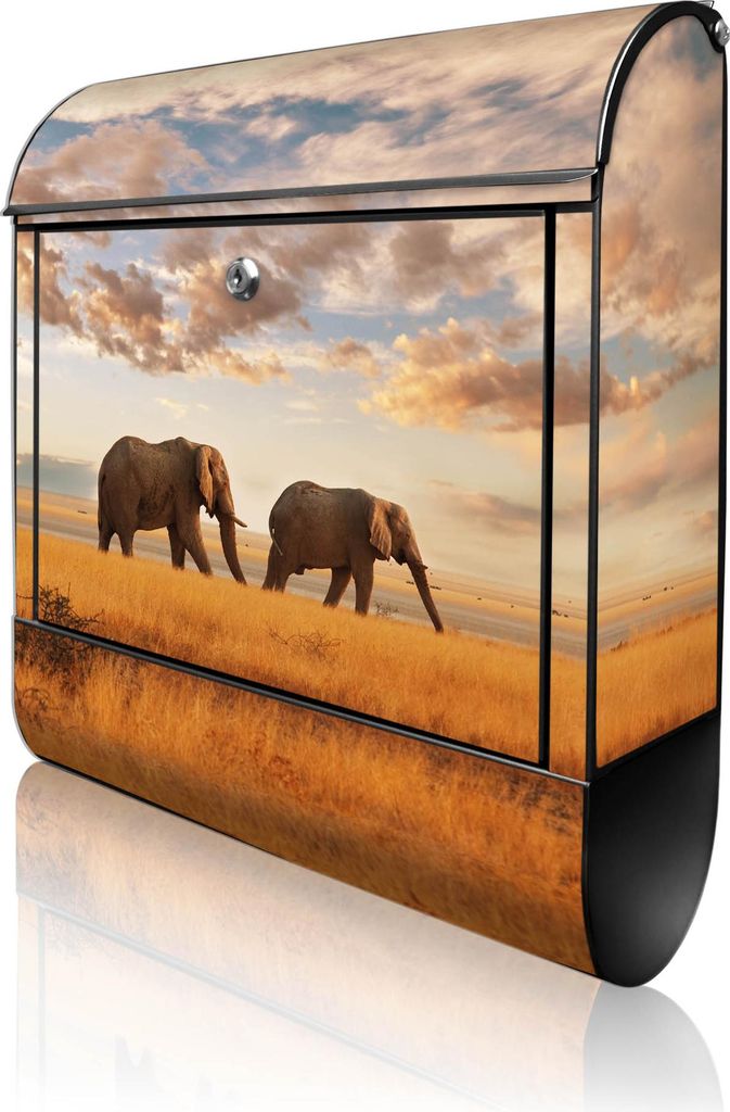 banjado Design Briefkasten Stahl schwarz mit Zeitungsfach pulverbeschichtet "Elefanten" 38x46x12,5cm & 2 Schlüssel - Postkasten A4 Einwurf inkl. M...
