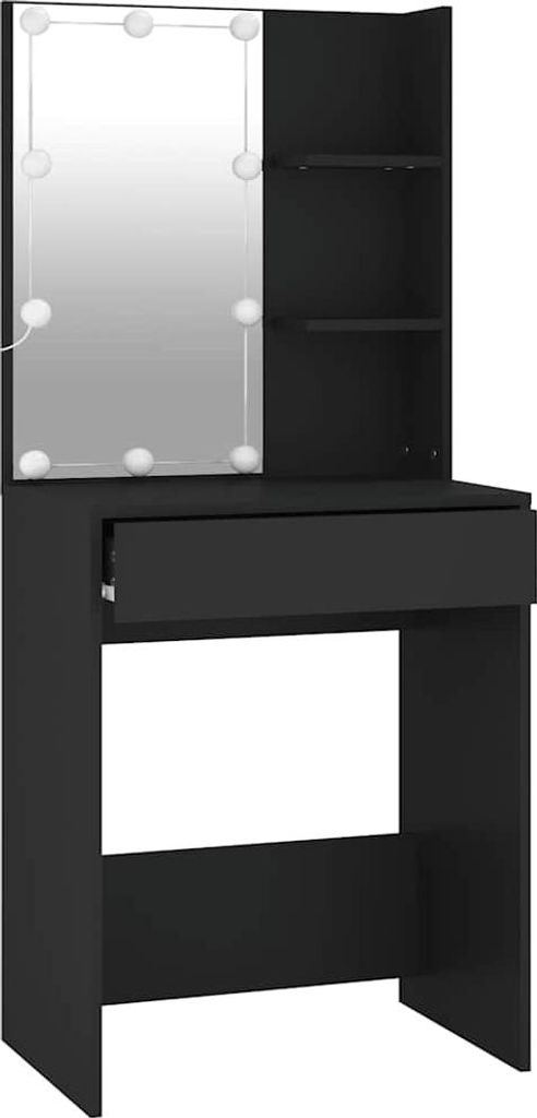 A black vanity table with a lighted mirror and a drawer.