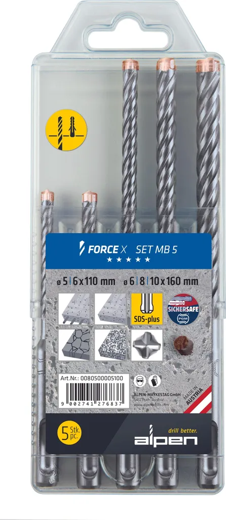 Alpen Force X MB 5 Set Punte SDS+ | Prestazioni Estreme in Calcestruzzo