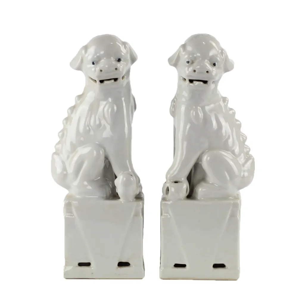 Chinois Fu Chiens Set de 2 Porcelaine Blanc Fait main D11xH34cm Fine Asianliving