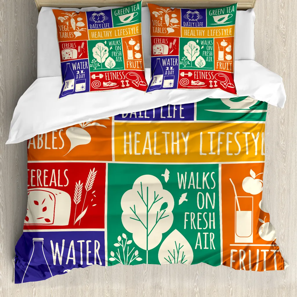 ABAKUHAUS Copripiumino Fitness, Motivazione colorata, Antiacaro, Adatto a chi soffre di allergie, con federe, 155 cm x 220 cm - 80 x 80 cm, Multicolore