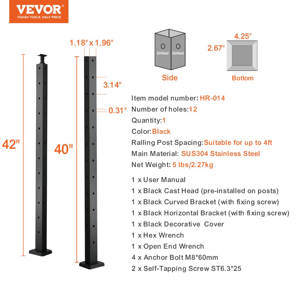 VEVOR stĺpik káblového zábradlia, 106,68 x 2,54 x 5,08 cm Obrázok produktu 7