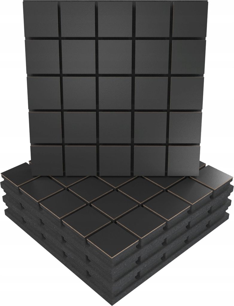 4 Stück AKUSTIK-WANDPANEELE mit Montageset | "GRID" 50x50x5cm | Absorption und Diffusion | Farbe: Schwarz