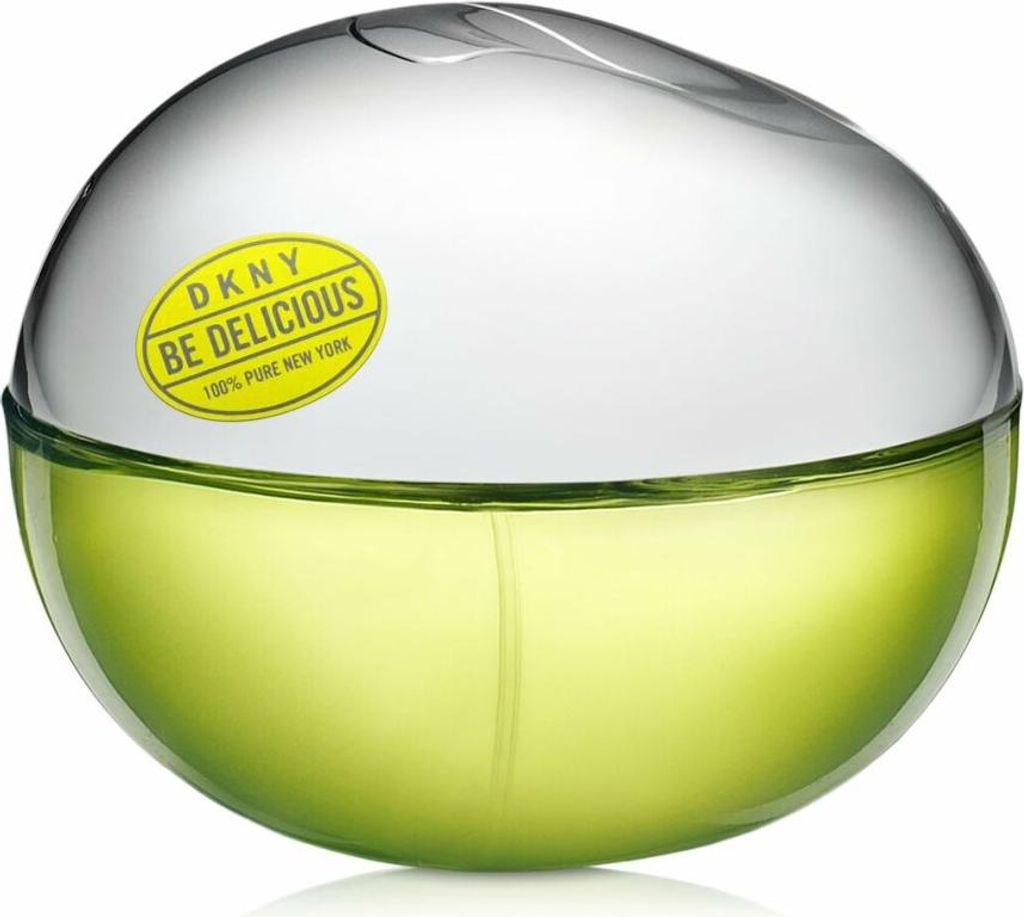 A close-up studio shot of a DKNY Be Delicious perfume bottle.
