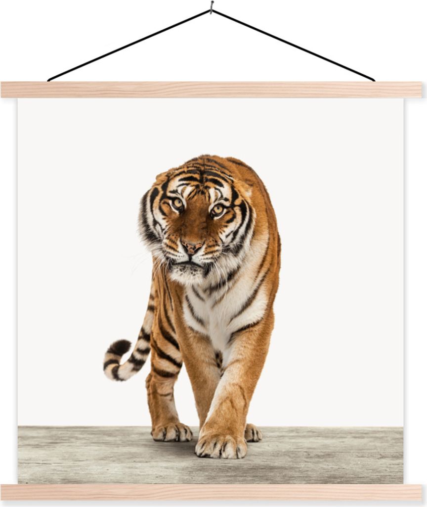 MuchoWow Textilposter Tiger - Tiere - Holz - Jungen - Kinder 120x120 cm mit holzfarbenen Rahmen - Textil-Poster