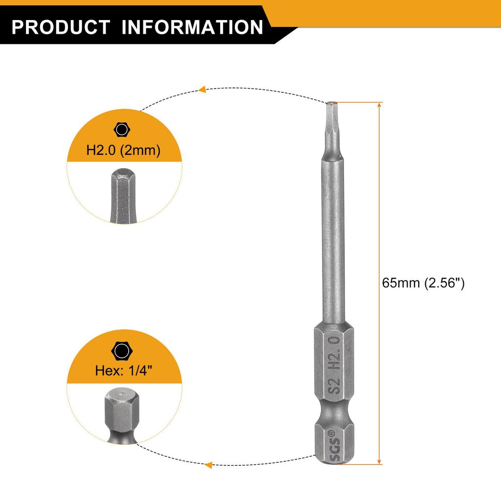 3 Stš¹ck 2mm(H2,0) Innensechskant Bit Set, Bitsatz Metrisch 65mm Lang, 1/4" Sechskantschaft Magnetische S2 Stahl Schraubendreher Sechskant Bohrer...