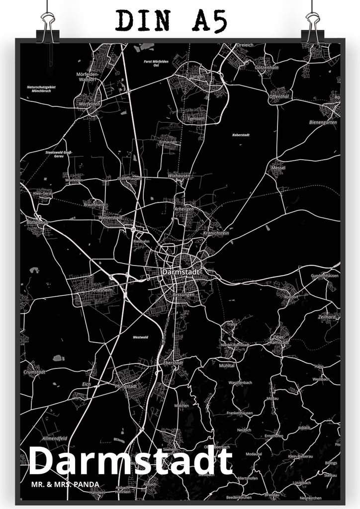 Mr. & Mrs. Panda Bild Darmstadt DIN A5 - Geschenk, Kunstdruck, wanddeko, Wandbild, drucke, Stadt, Plakat, Dorf Karte Landkarte Map Stadtplan