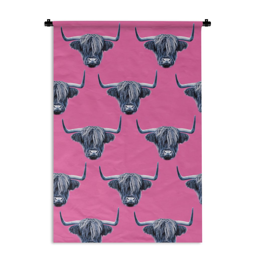 MuchoWow Wandteppich Wandbehang Schottisches Hochlandrind - Muster - Grau 90x135 cm Tapisserie Dekoration Wandtuch - Baumwolle - Wandskulptur