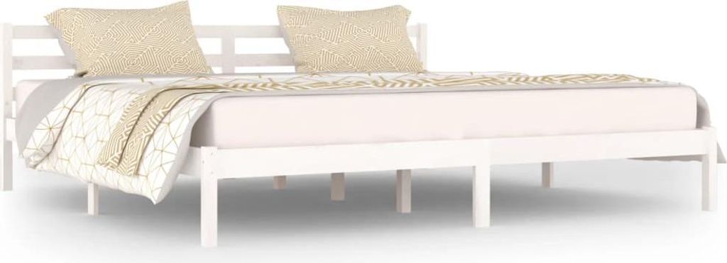 A white wooden bed frame with two pillows and a blanket on a white background.