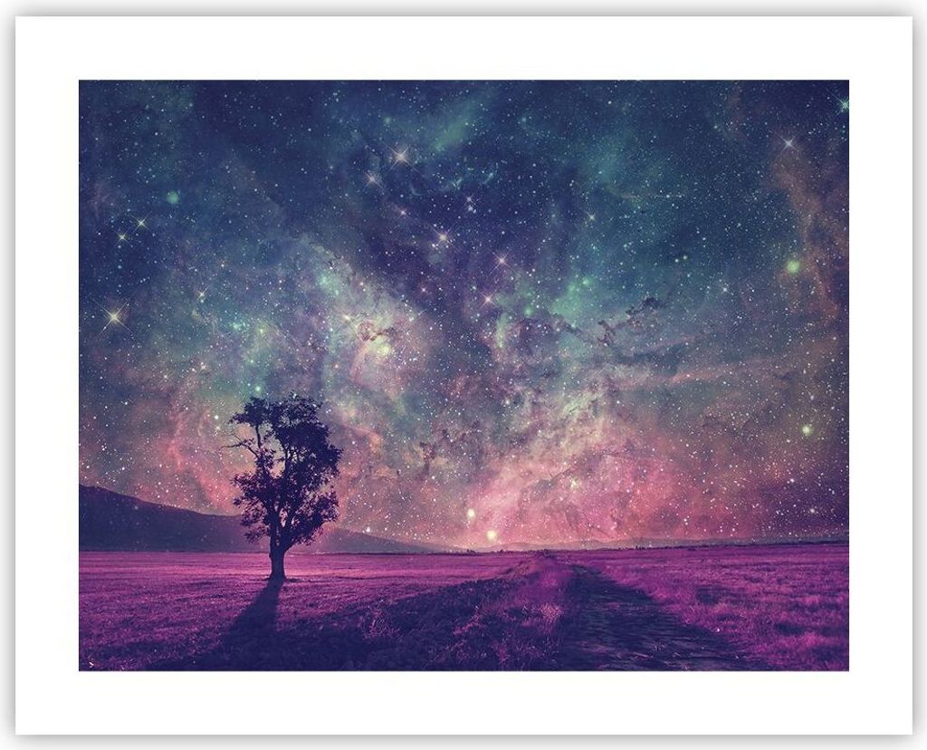 Poster - Poster ohne Rahmen - Kosmos Baum Wiese - 50x40 cm - Wand Bild - Wanddeko - Wandbilder - Kunstposter - Wandposter - Bilder - Kunstdruck - W...