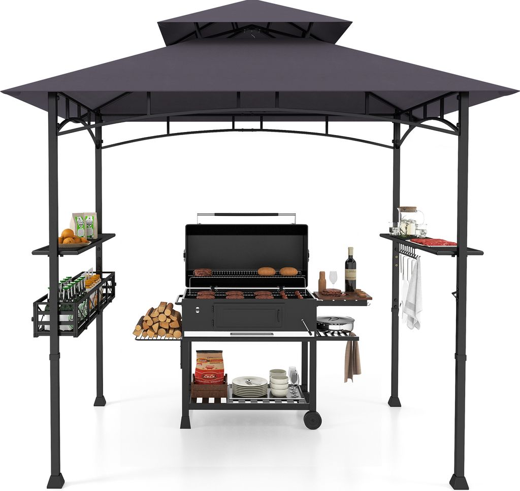 COSTWAY Grillpavillon mit Doppeldach, Seitenregalen, Metallkorb, Haken & Flaschenöffner, Grillüberdachungen wetterfest, 242x153x250cm Dunkelgrau