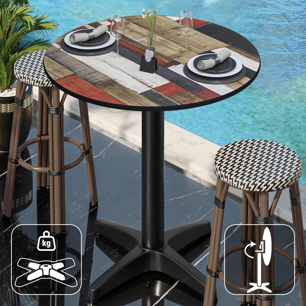 CPBL | HPL Compact Bistro Stehtisch | Ø 70 x 110 cm | Klappbar + Zusatzgewicht | Vintage Bunt / Schwarz | Bistrotisch Gastro Steh Tisch