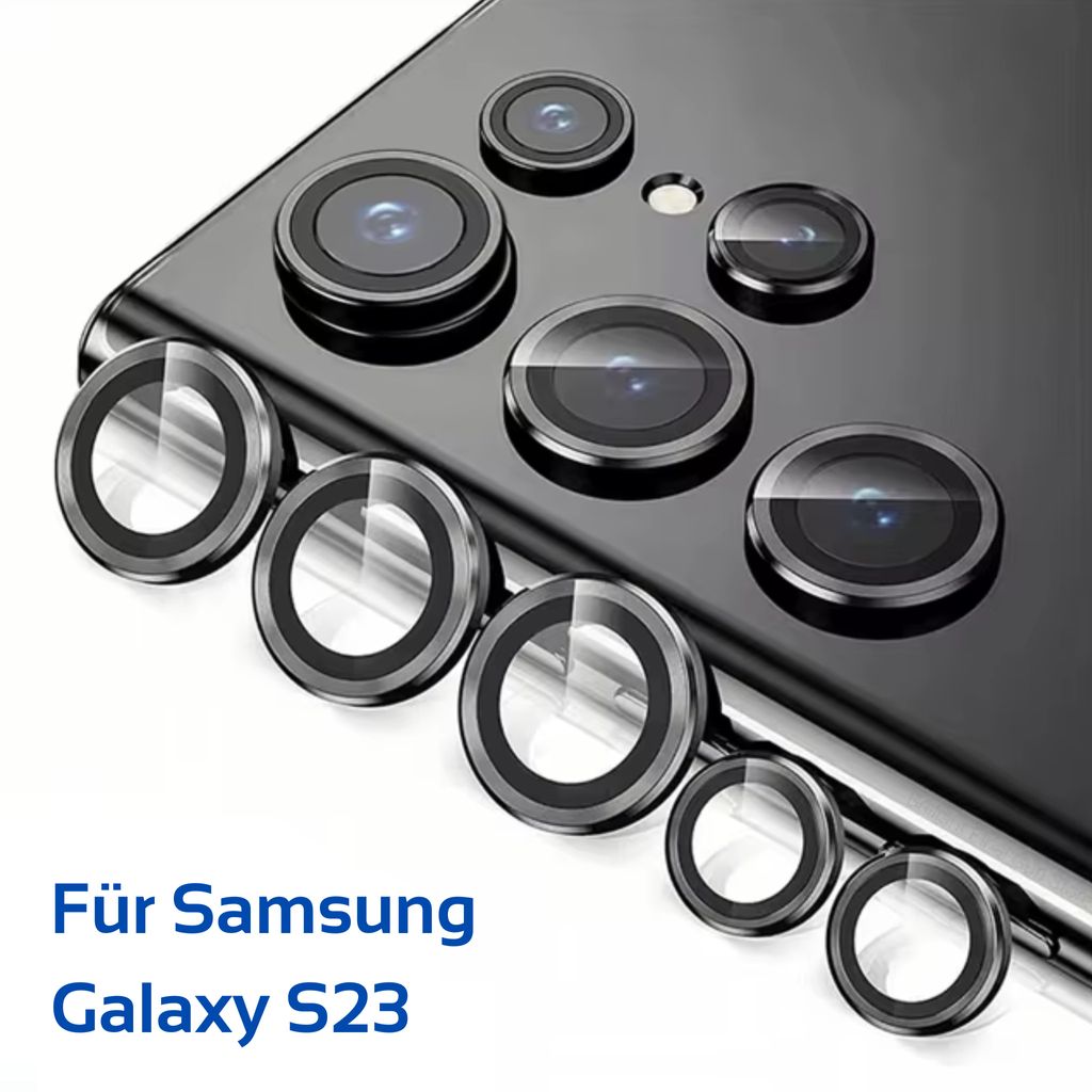 A close-up view of multiple camera lens protectors for a Samsung Galaxy S23 phone, arranged on a reflective surface.