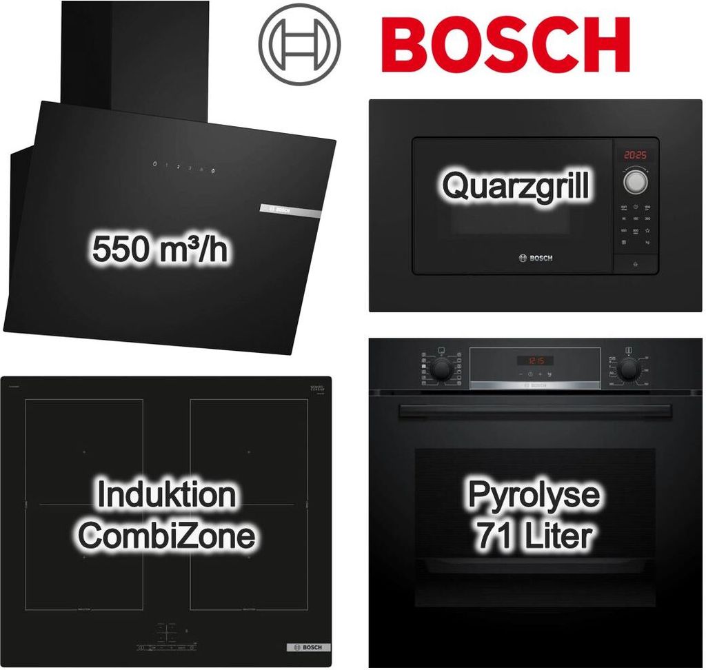 Küchenset BOSCH Backofen + Dunstabzugshaube + Induktionskochfeld + Mikrowelle in schwarz