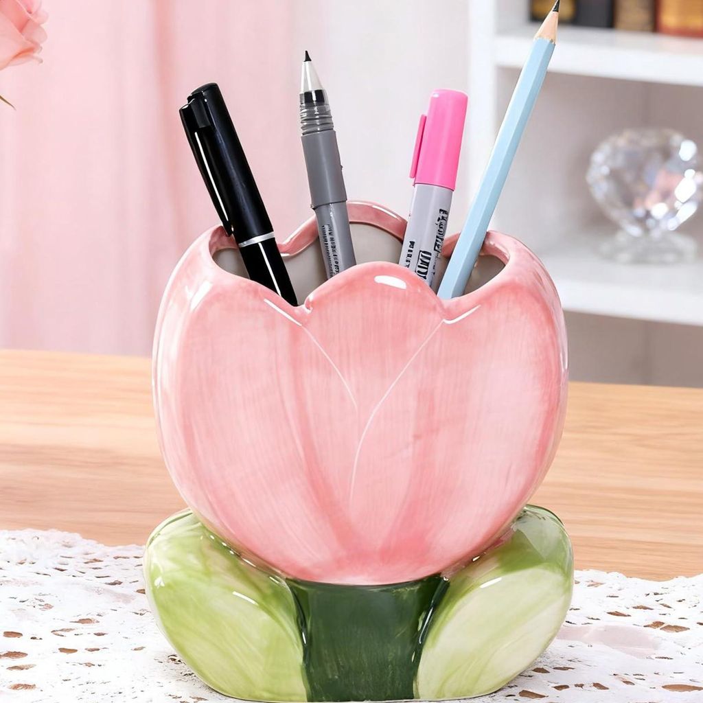 Rosa Pinselhalter in Tulpenform im Boho-Stil, Zimmerdekoration, süßes Geschenk für Frauen, Stiftehalter zum Geburtstag, Schreibtisch-Stiftehalte...