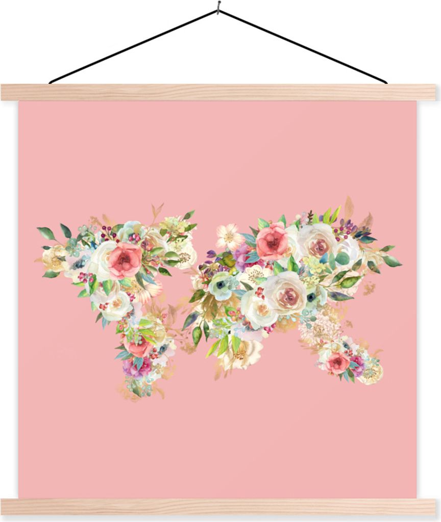 MuchoWow Textilposter Weltkarte - Blumen - Pastell 60x60 cm mit holzfarbenen Rahmen - Wanddekoration