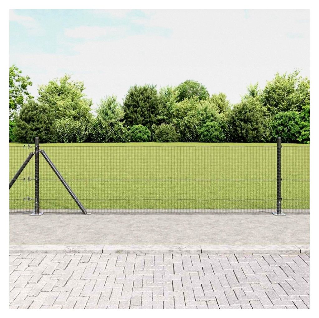 Geschweißter Drahtzaun mit 7 Flanschpfosten Grau 0,6 x 10 m Stahl, Gartenzaun Maschendraht Sichtschutz für Garten und Tiere