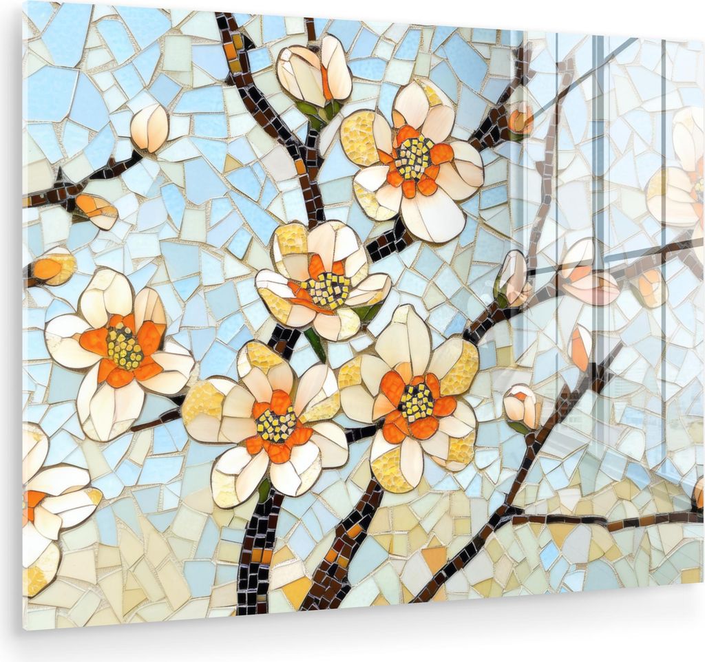 MuchoWow Glasbilder - Bilder auf Wandbild - Foto auf Glas Blüten - Weiß - Mosaik - Zweig 40x30 cm Wanddekoration aus Glas - Acrylglasbild - Acryl...