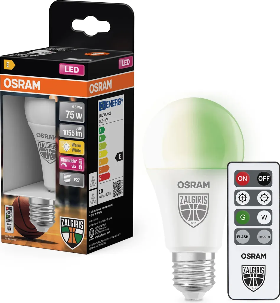 Éclairage Salon LED E27 Osram Edition Žalgiris 1055lm avec commande 9W