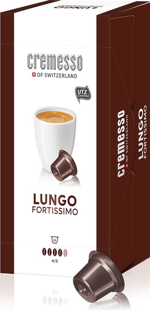 A product box of Cremesso coffee capsules, with a cup of coffee and a capsule shown.
