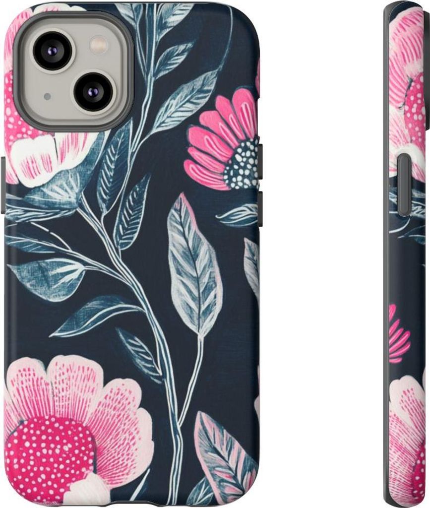 Leuchtend pinkes Blumenmuster auf Dunkelblau – Hülle Kompatibel mit iPhone 14