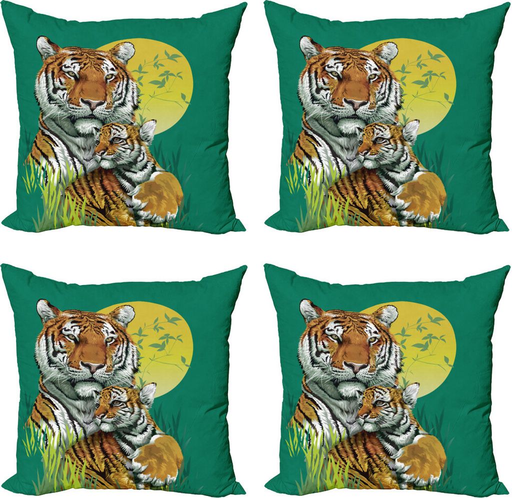 ABAKUHAUS Safari Kissenbezug Set (4 Stück), Tiger Familie in Jungle, Moderner Doppelseitiger Digitaldruck, 60 cm x 60 cm, Jade-Grün-Hellgrün