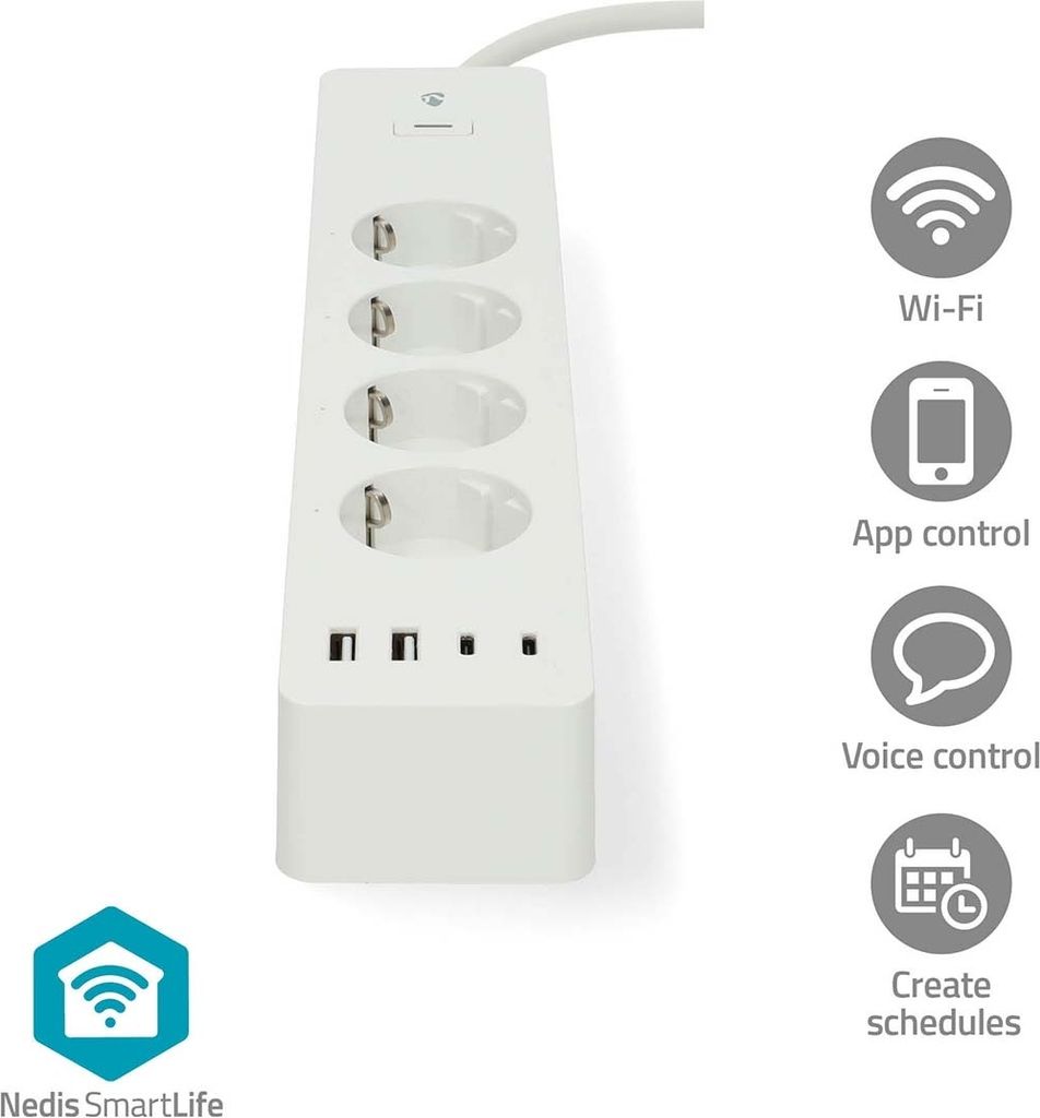 Nedis SmartLife Power Strip - 2x USB-A / 2x USB-C / 4x plug with earth contact (CEE 7/3) - 16.0 A - 3680 W - 2.00 m - 0 - 55 °C - Android / IOS - ...
