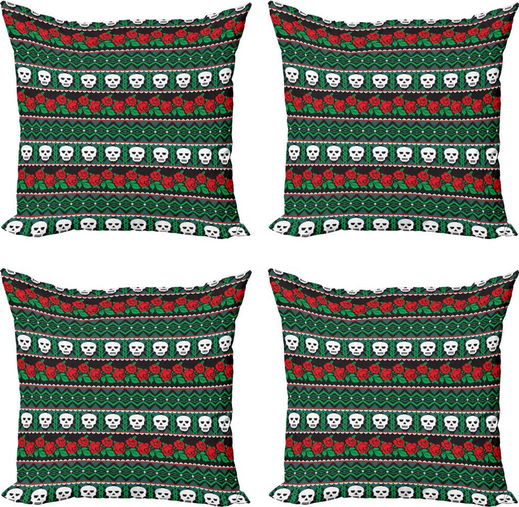 ABAKUHAUS Schädel Kissenbezug Set (4 Stück), Folk-Art-Schädel-Rosen, Moderner Doppelseitiger Digitaldruck, 60 cm x 60 cm, Grün, Weiß, Rot